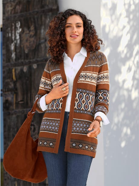 Veste en tricot jacquard forme ouverte et longue tendance