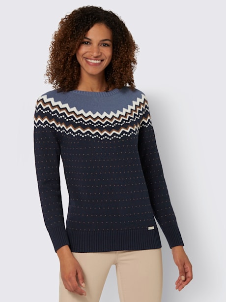 Pull style norvégien contrasté col rond manches raglan finitions côtelées