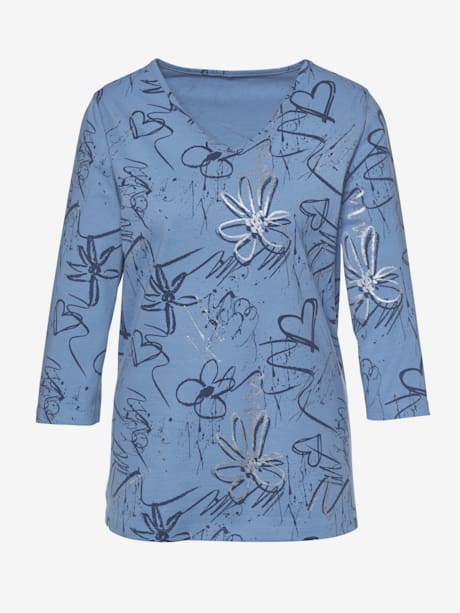 T-shirt fluide imprimé moderne avec touches argentées col en v