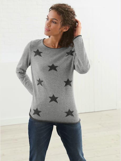 Pull femme intarsia motif étoiles col rond fintions roulottées