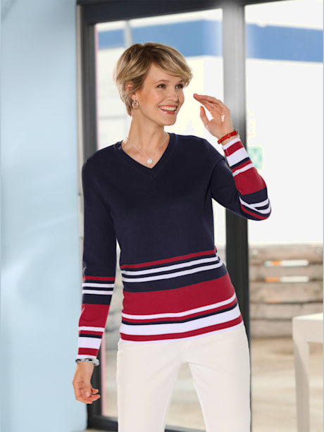 Pull à encolure en v séduisant motif à rayures