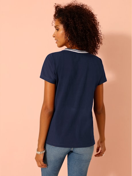 T-shirt femme en coton col en v avec ruban manches courtes