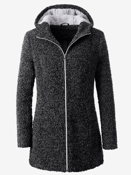Manteau aspect laine bouclée coupe cintrée avec capuche doublée