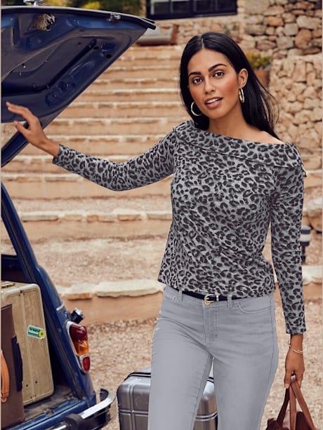 T-shirt femme motif léopard épaules tombantes manches longues
