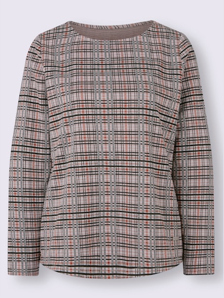 T-shirt à carreaux motif jacquard col rond manches longues