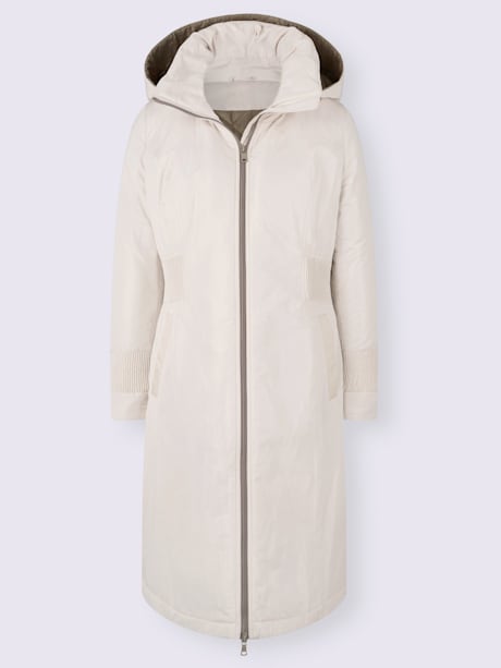 Manteau extra-long chaud col à revers transformable en col montant capuche amovible
