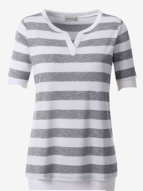 T-shirt femme à col rond avec petit v motif rayé