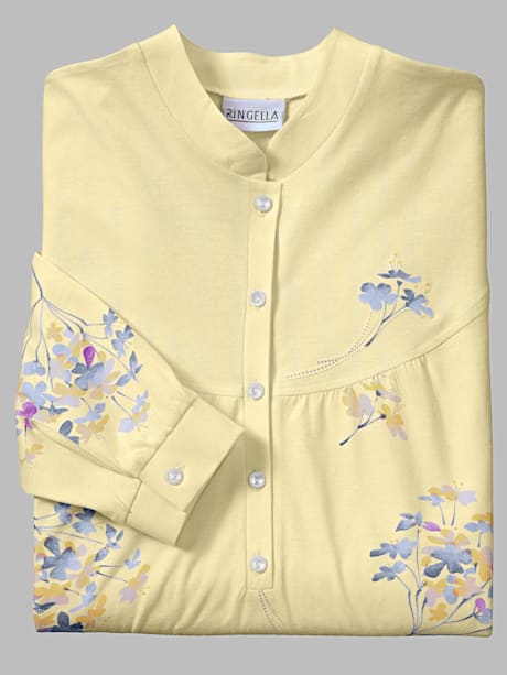Chemise de nuit  imprimé floral col mao manches longues avec patte de boutonnage