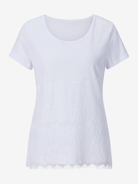 T-shirt femme en coton col rond manches courtes empiécement dentelle