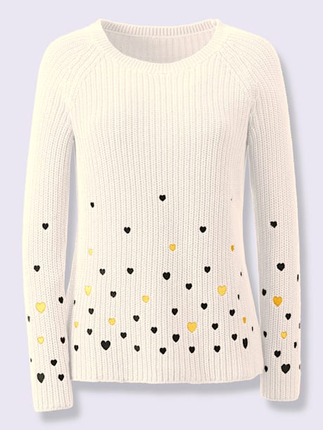 Pull en maille avec coeurs brodés col rond