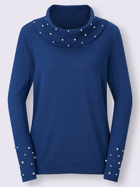 Pull chic col roulé orné de perles décoratives en maille fine