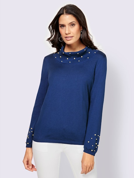 Pull chic col roulé orné de perles décoratives en maille fine