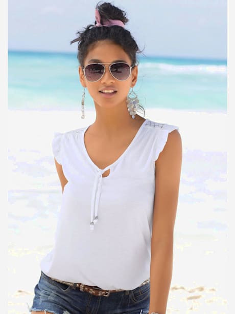 T-shirt de plage encolure avec fente et lien à nouer