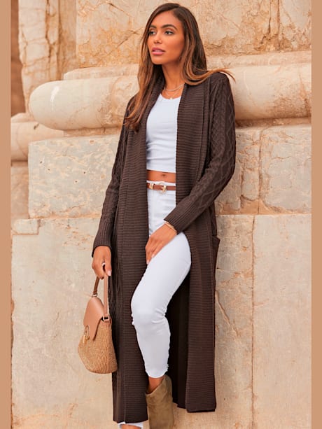 Veste longue en tricot à motif torsadé