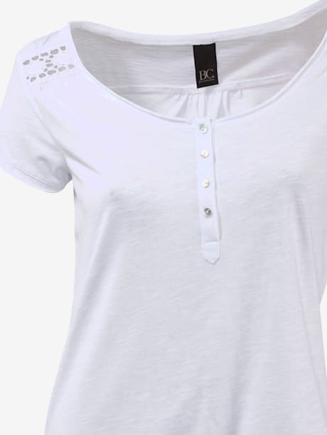 T-shirt à encolure ronde superbes détails en dentelle et boutons brillants