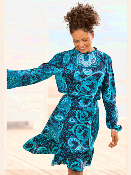 Robe imprimée encolure haute volantée