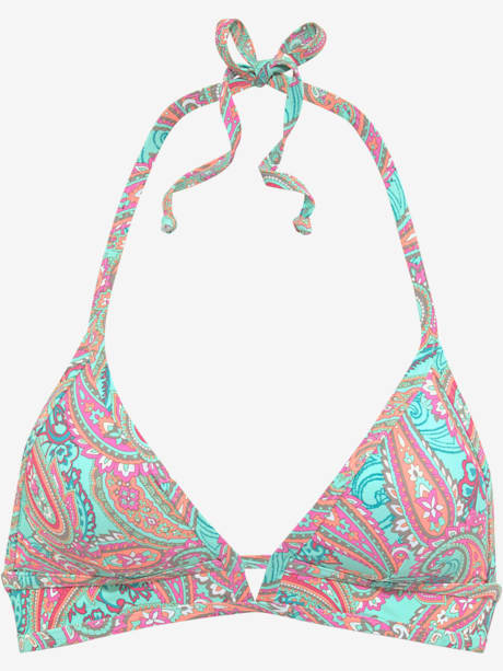 Haut de bikini triangle imprimé, effet de couleur différent pour chaque pièce