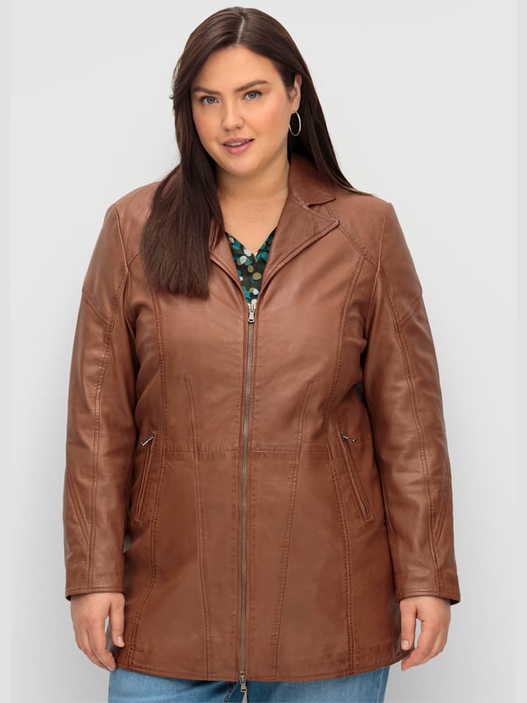 Veste en cuir, marron moyen uni, taille 56, Sheego - helline