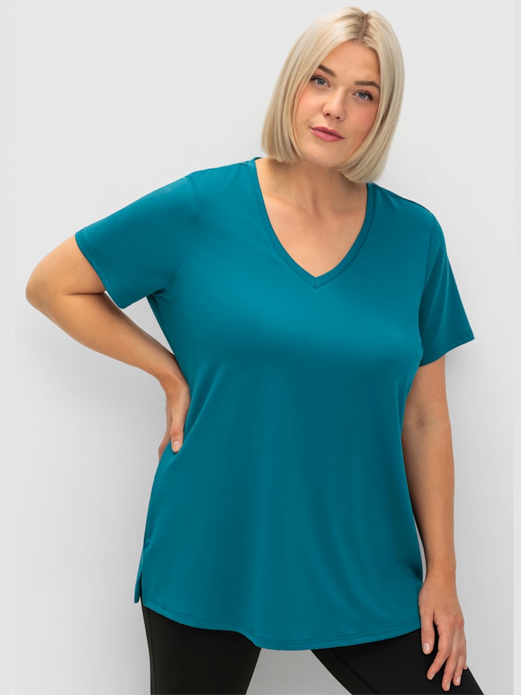 T-shirt technique, couleur : vert foncé uni, taille 58, marque Sheego, 90% polyester;10% élasthanne - helline