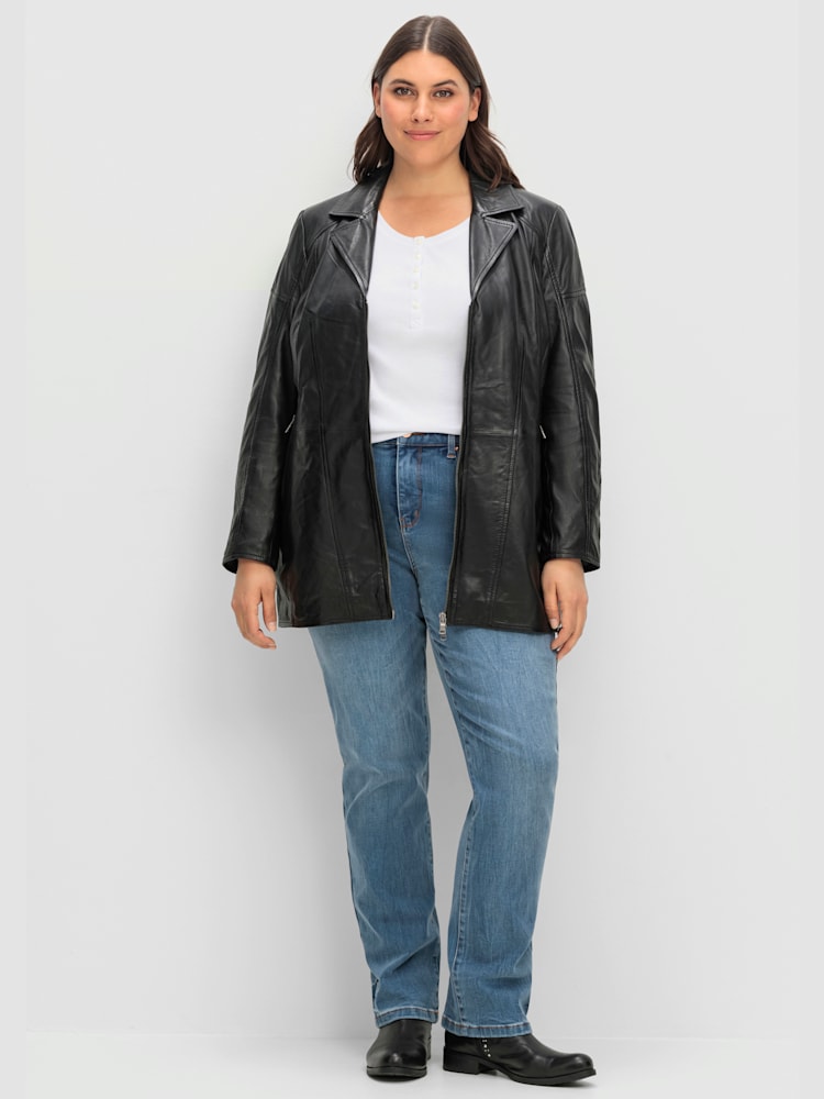 Veste en cuir, couleur noir, taille 46, marque Sheego - helline