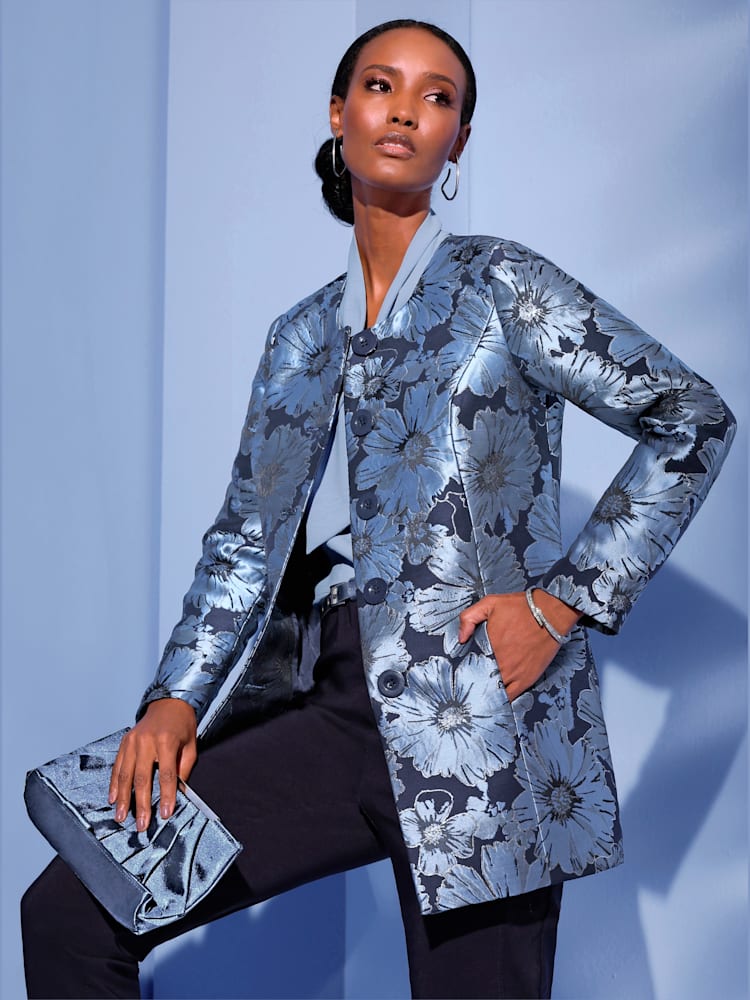 Blazer long jacquard de qualité, couleur bleu, taille 42, marque Creation L - Witt