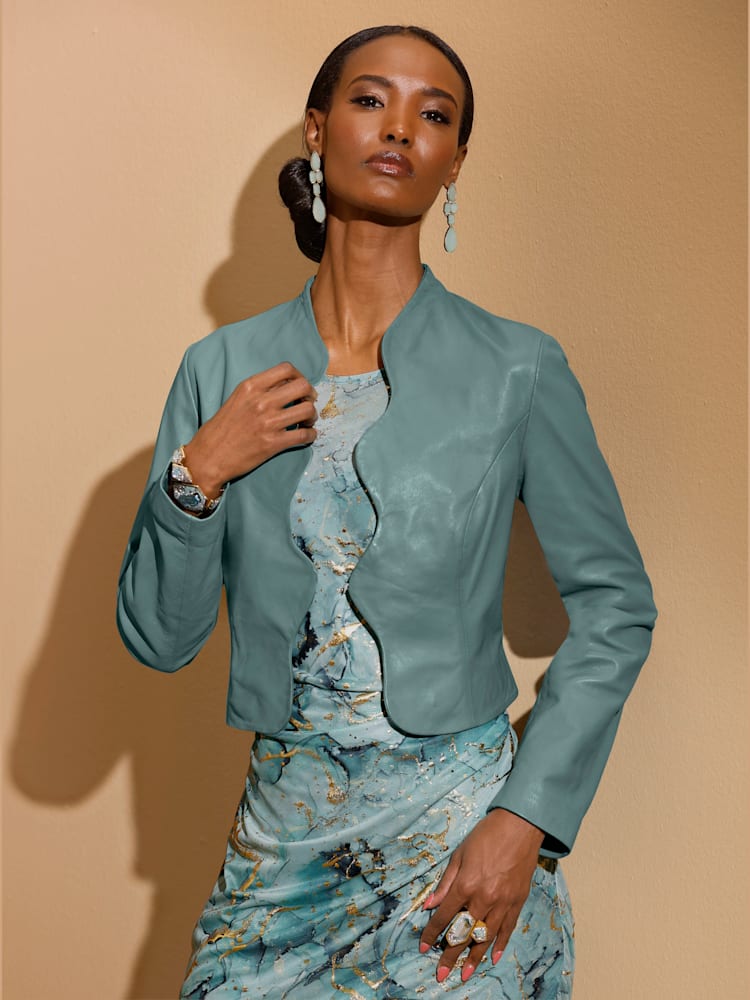 Blazer en cuir pur cuir d'agneau nappa, couleur vert, taille 42, marque Creation L - Witt