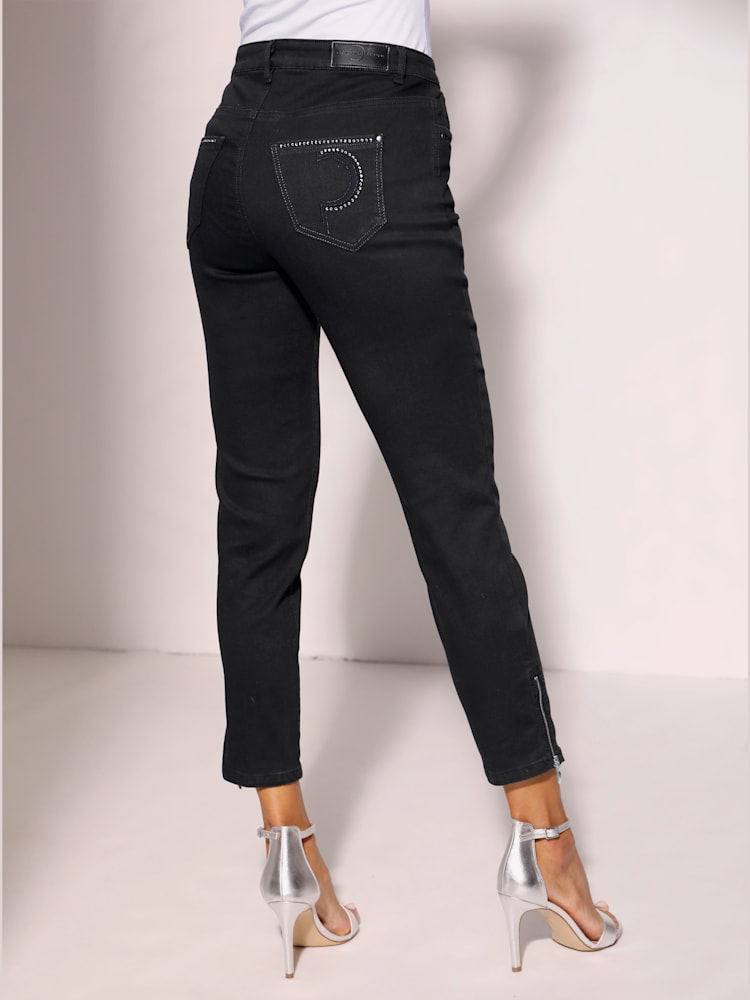 Jean 5 poches poches avec broderie et pierres fantaisie, couleur noir, taille 50, marque Ascari - helline