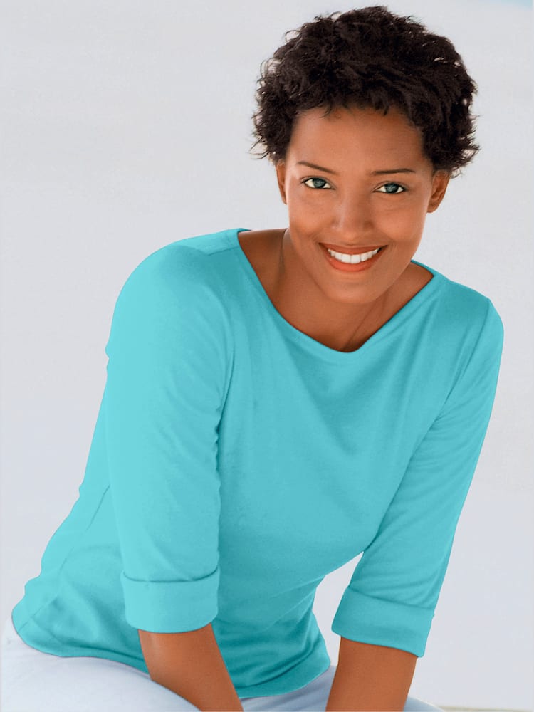 T-shirt femme confortable manches 3/4 à revers, couleur bleu, taille 46 - Witt