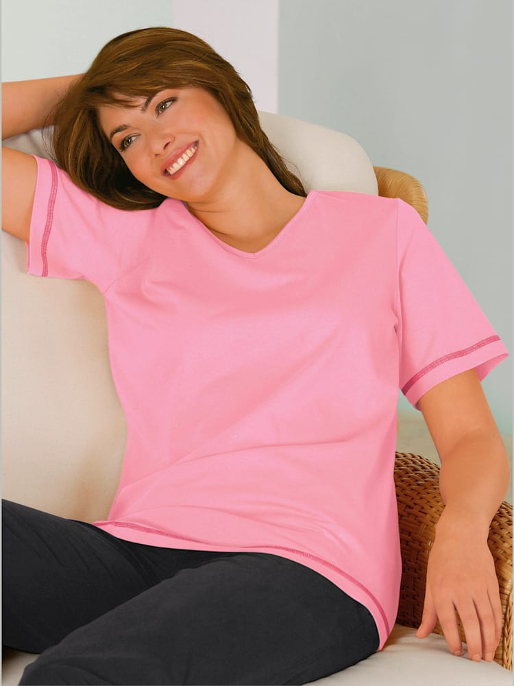 T-shirt femme confortable liseré manches et ourlet, couleur rose, taille 40 - helline