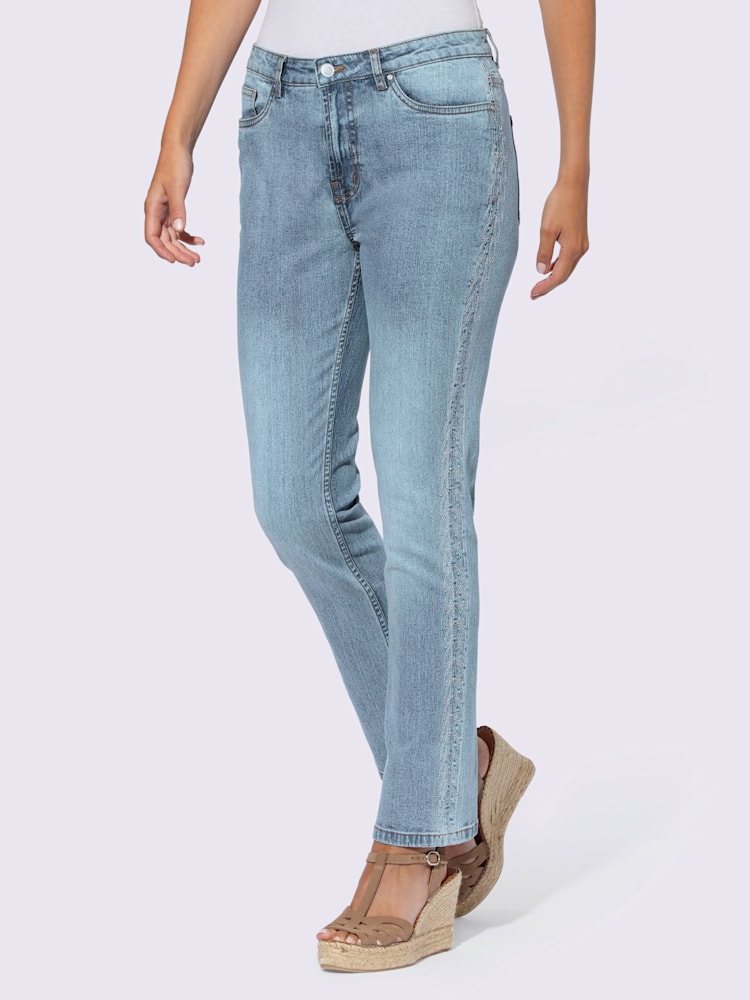 Jean 5 poches broderie le long des coutures latérales, couleur bleu, taille 40, marque Linea Tesini - helline