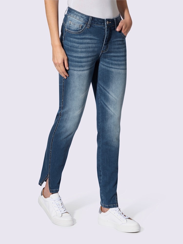 Jean 5 poches petites pierres brillantes fantaisie, couleur bleu, taille 50, marque Rick Cardona - helline
