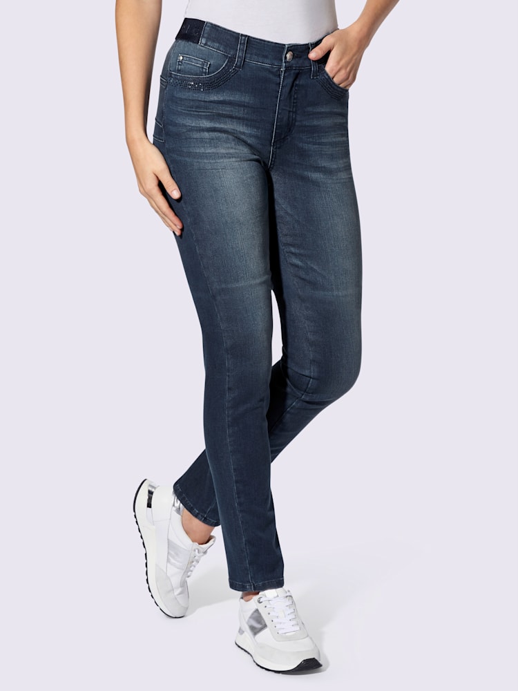Jean 5 poches petites pierres fantaisie, couleur bleu, taille 40, marque Rick Cardona - helline