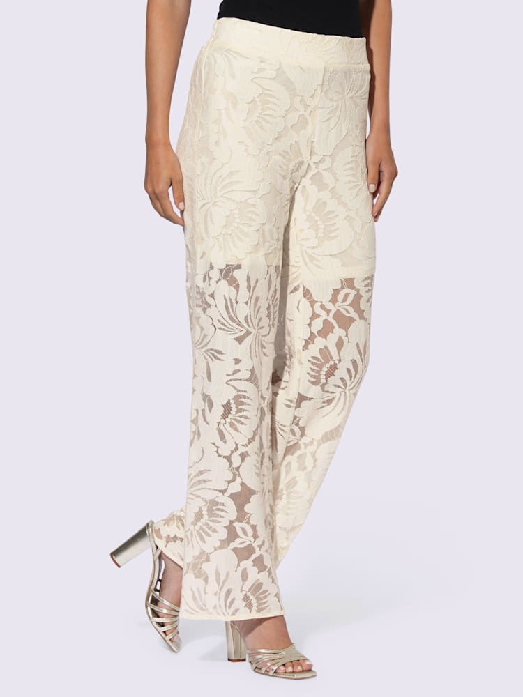 Pantalon dentelle florale, couleur couleur ivoire, taille 48, marque Ashley Brooke - helline