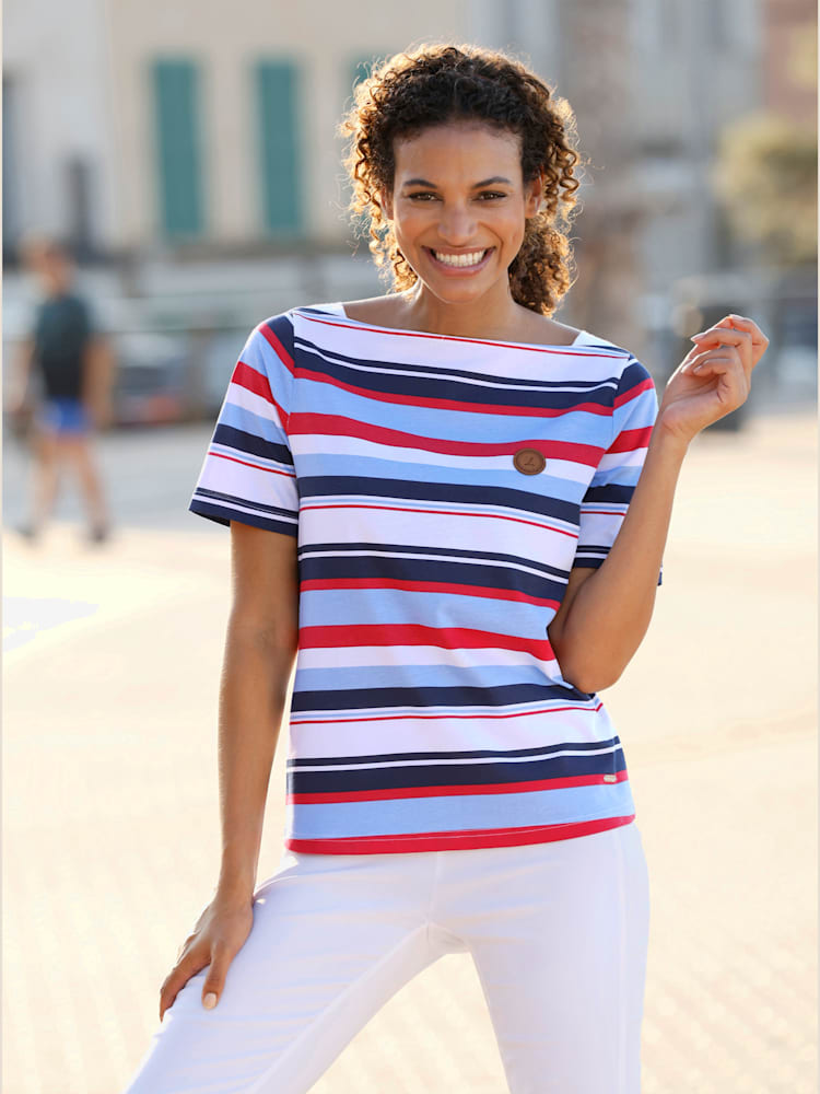 T-shirt rayé encolure en u féminine, couleur bleu, taille 52, marque Collection L - Witt