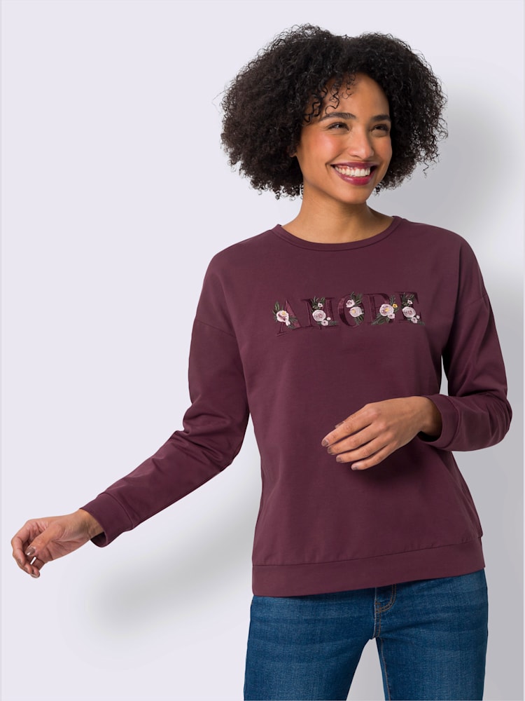 Sweatshirt broderie ton sur ton, couleur rouge, taille 52, marque Linea Tesini - helline