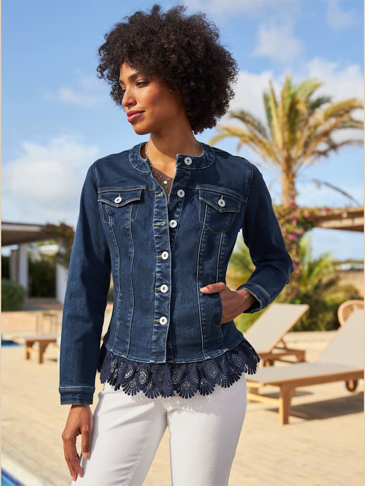 Blazer en jean bordure en dentelle à l’ourlet, couleur bleu, taille 44, marque Linea Tesini - helline