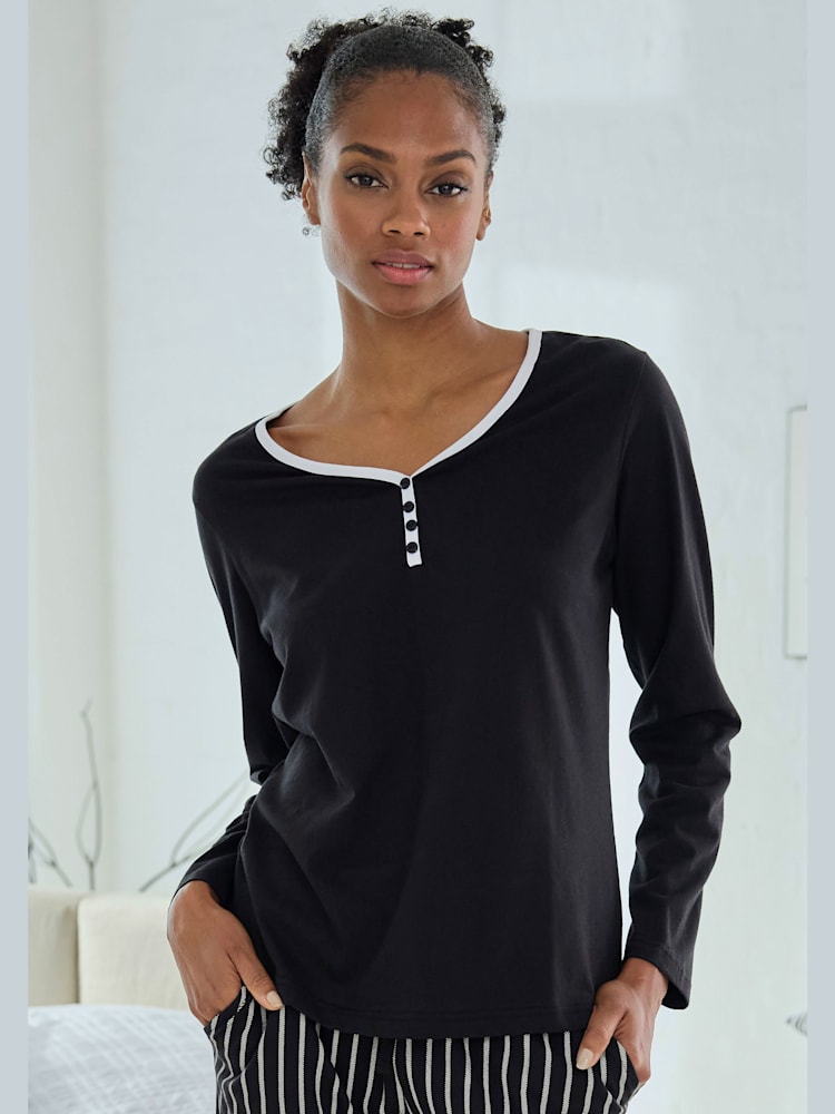 Haut de pyjama t-shirt à manches longues avec encolure en v arrondie, couleur : noir uni, taille 38/40, marque Vivance Dreams by Lascana, 100% coton -
