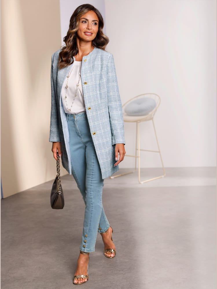 Blazer long boutons fantaisie dorés, couleur bleu, taille 48, marque Fair Lady - helline