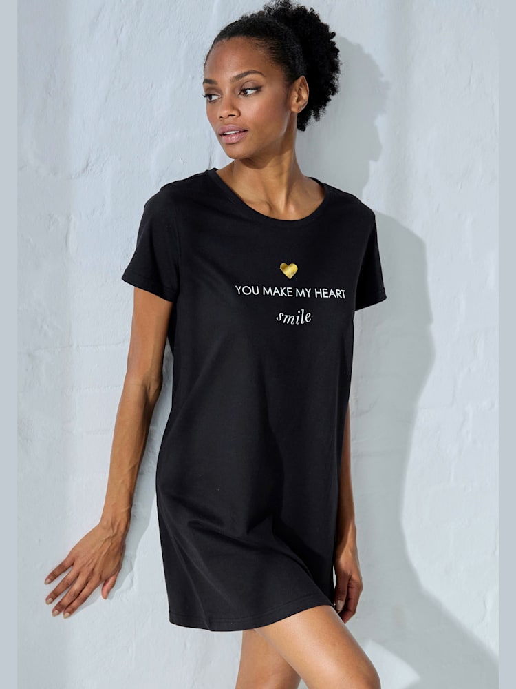 Chemise de nuit t-shirt de nuit avec imprimé devant, couleur noir, taille 38/40, marque Vivance Dreams - helline