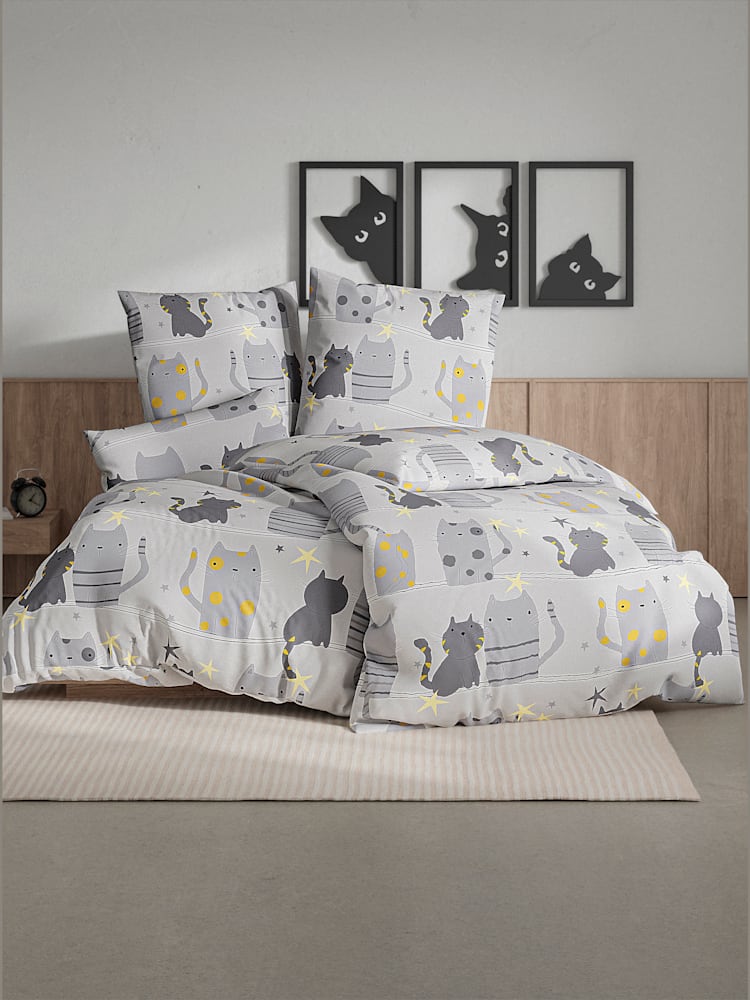 Linge de lit flanelle fine douce, Satin maco, couleur : gris clair à motifs, taille 40x80/135x200 cm, marque wäschepur, 100% coton - helline