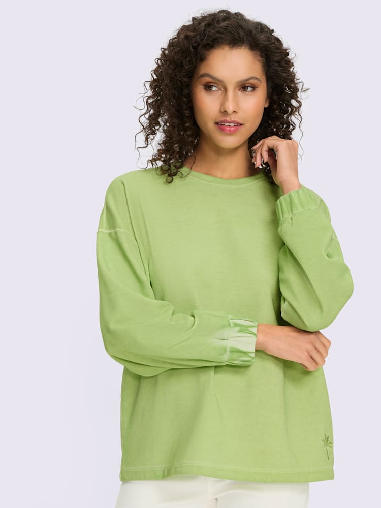 Sweatshirt effet délavé avec encolure ronde et manches à bords-côtes, couleur : vert clair uni, taille 38, marque Linea Tesini, 82% coton;18%