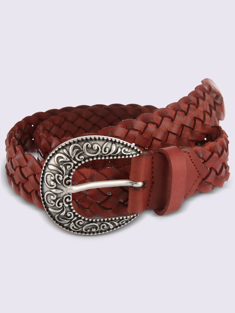Ceinture aspect tressé élégant, couleur : marron foncé uni, taille 115, 90% cuir de vache;10% métal - helline