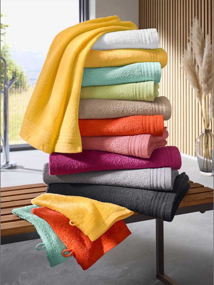 Serviette, 1 serviette de douche, 2 serviettes, 2 gants de toilette, couleur : jaune moyen uni, taille 0, marque wäschepur, 100% coton - helline