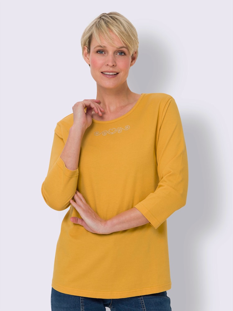 T-shirt à manches 3/4 petites pierres fantaisie sur l'encolure, couleur jaune, taille 50 - Witt
