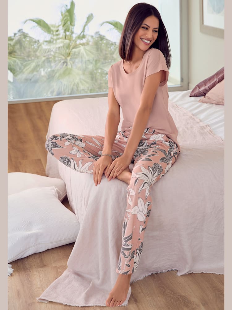 Haut de pyjama t-shirt à manches courtes, couleur rose, taille 38/40, marque LASCANA - helline