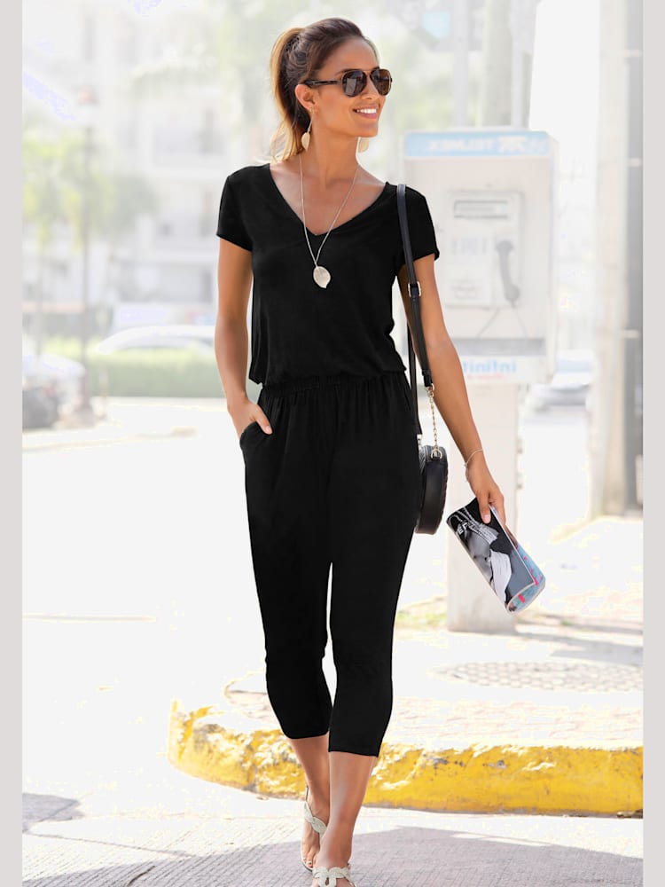 Combinaison 7/8 col v et manches courtes, couleur noir, taille 42, marque LASCANA - helline