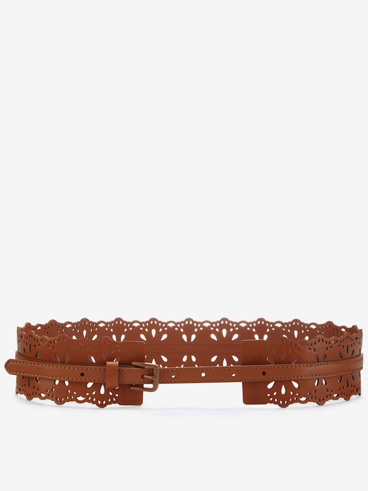 Large ceinture avec découpes tendance, couleur : marron clair uni, taille 105, marque LASCANA, 100% cuir - helline