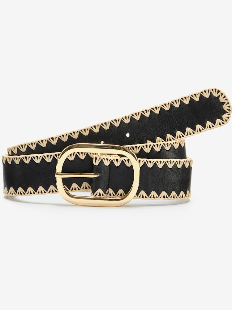 Ceinture hanches ceinture tendance avec boucle dorée, couleur : noir à motifs, taille 75, marque French Connection, 80% cuir;80% imitation cuir -