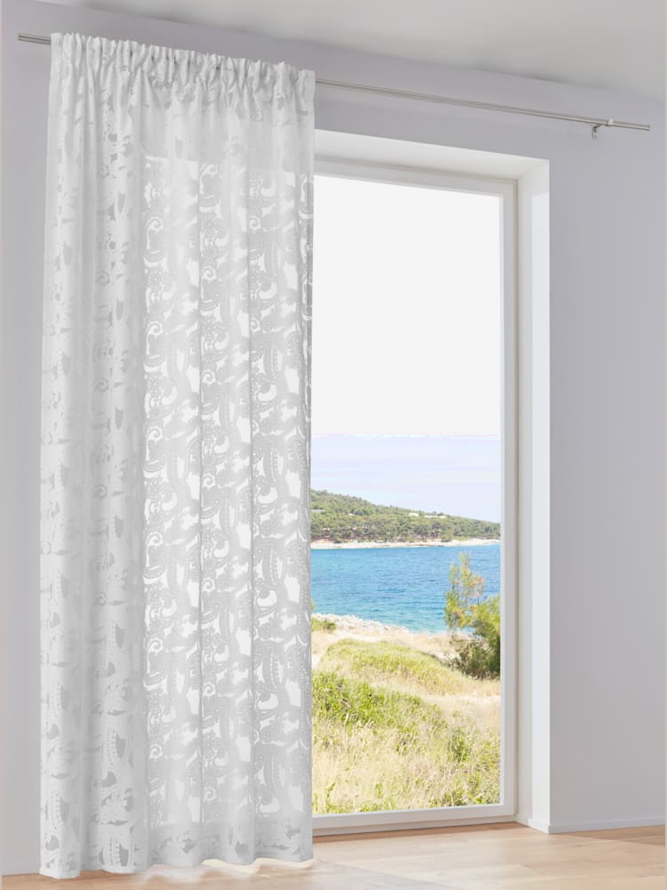 Rideaux superbe qualité dévorée, Bande multifonction, couleur : blanc uni, taille 145x135 cm, marque helline home, 66% viscose;34% polyester - helline