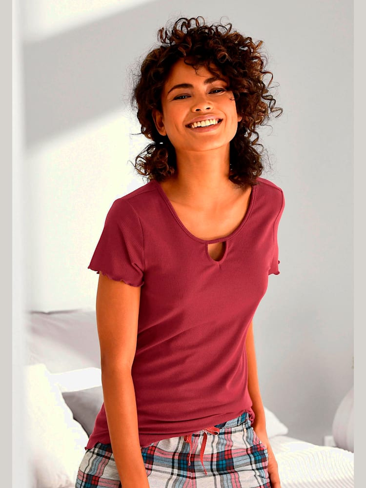 Haut de pyjama t-shirt à manches courtes avec encolure ronde, couleur : rouge foncé uni, taille 42/44, marque s.Oliver, 63% polyester;33% viscose;4%